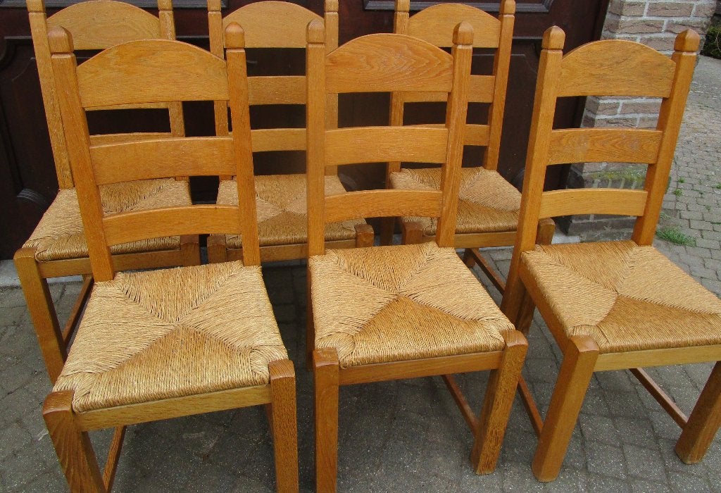 6 eiken stevige stoelen, Ophalen, Gebruikt, Bruin, Landelijk