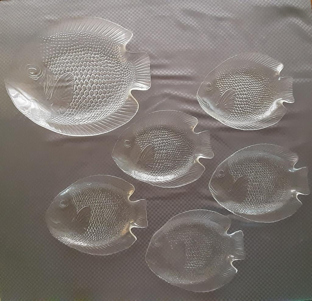 Arcoroc schotel en 5 borden "vis", Antiek en Kunst, Ophalen