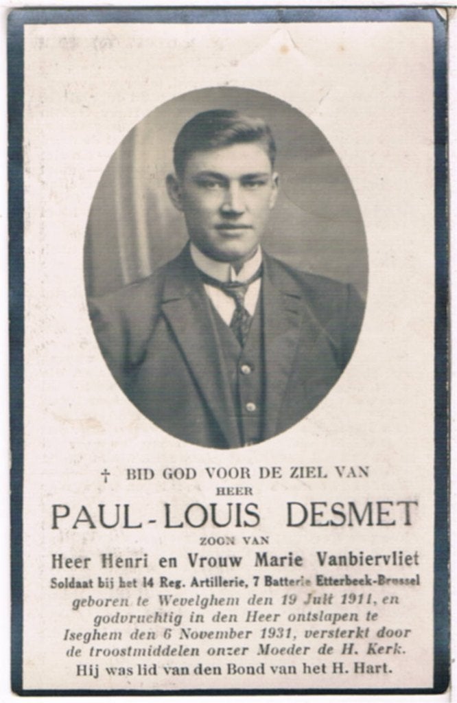 Soldaat . Desmet Paul-Louis.  Wevelghem 1911 † Iseghem 1931, Ophalen of Verzenden, Bidprentje