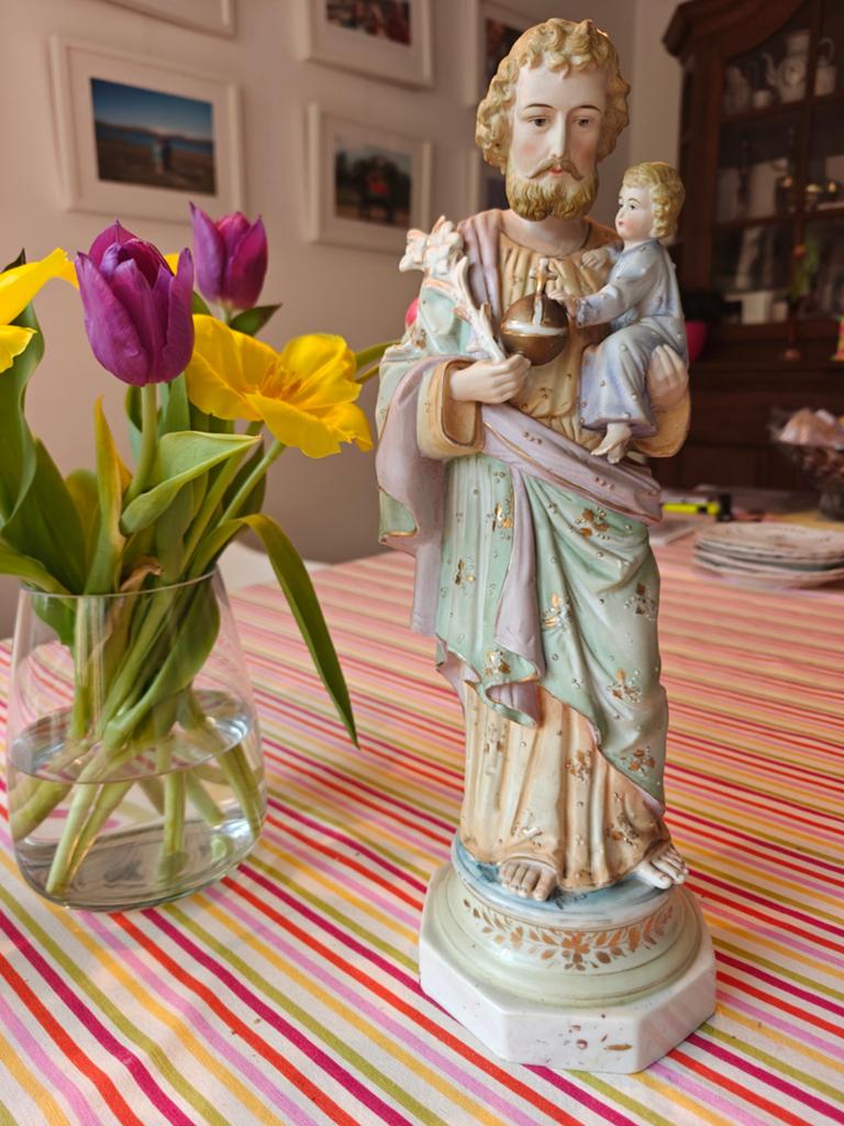 Grand Saint Joseph avec Jésus en biscuit coloré. H.43cm, Antiquités & Art, Enlèvement