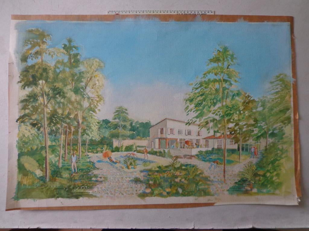 grote, zonnige aquarel "Villa met zwembad" niet gesigneerd, Enlèvement
