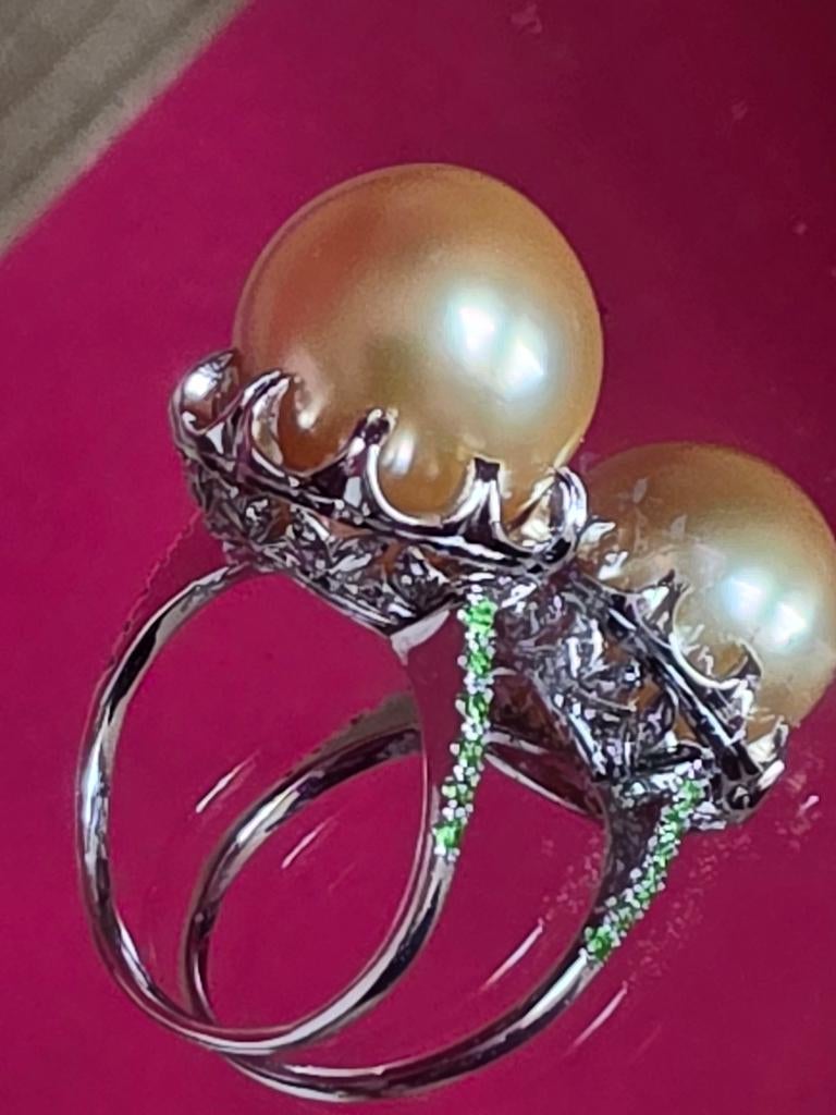 Exclusieve ring met Zuidzee parel 13,1/14,5mm en diopsiden, Met edelsteen, Ophalen of Verzenden, Dame, Goud