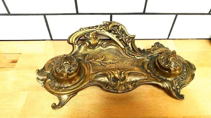 Magnifique ancien encrier en bronze art déco avec ses 2 pots, Ophalen of Verzenden, Brons