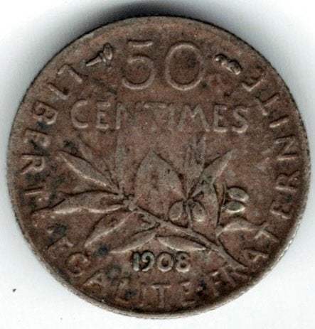 50 centimes 1908 Frankrijk zilver, Postzegels en Munten, Munten | Europa | Niet-Euromunten, Verzenden, Frankrijk, Losse munt, Zilver