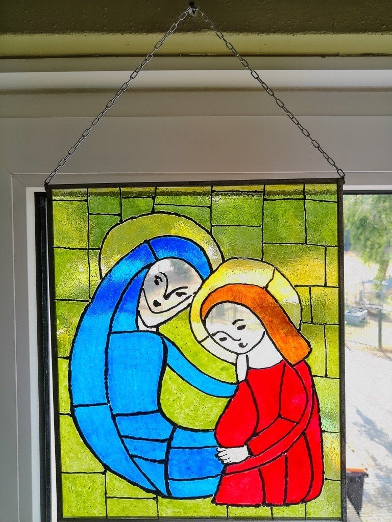Vitrail ancien/vintage Marie et Jésus 25x30cm Art populaire, Enlèvement ou Envoi