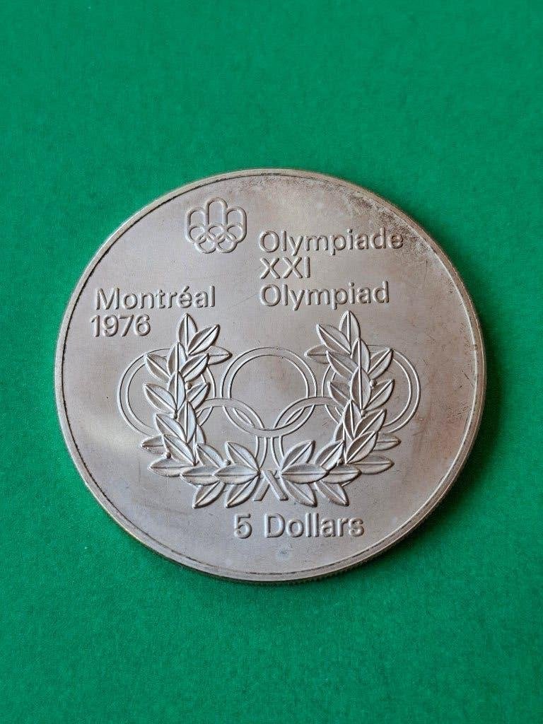 1974 Canada 5 dollars argent JO Montreal anneaux/laurier, Envoi, Amérique du Nord, Monnaie en vrac, Argent