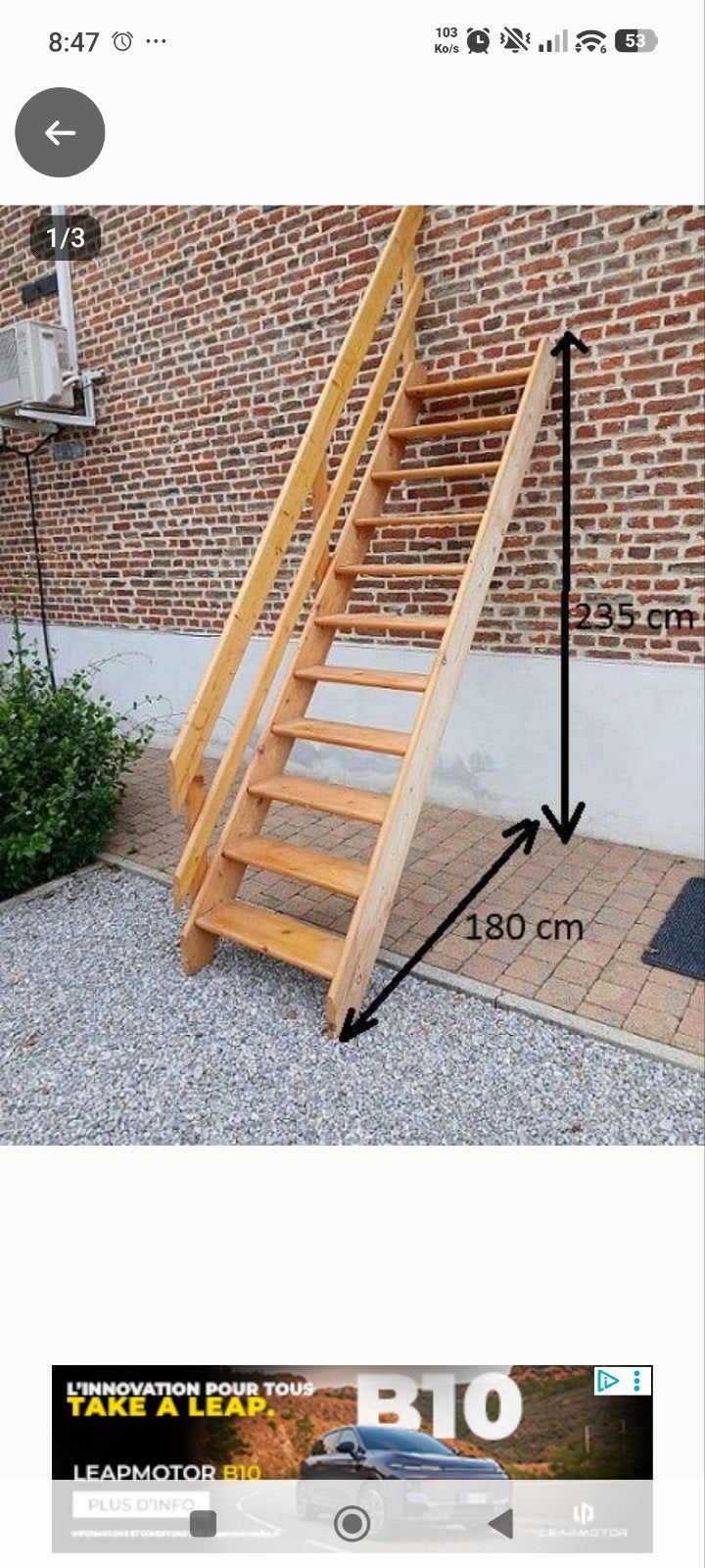Escalier droit en bois + rampe H. 235 cm  recul 180cm, Bricolage & Construction, Enlèvement, Escalier