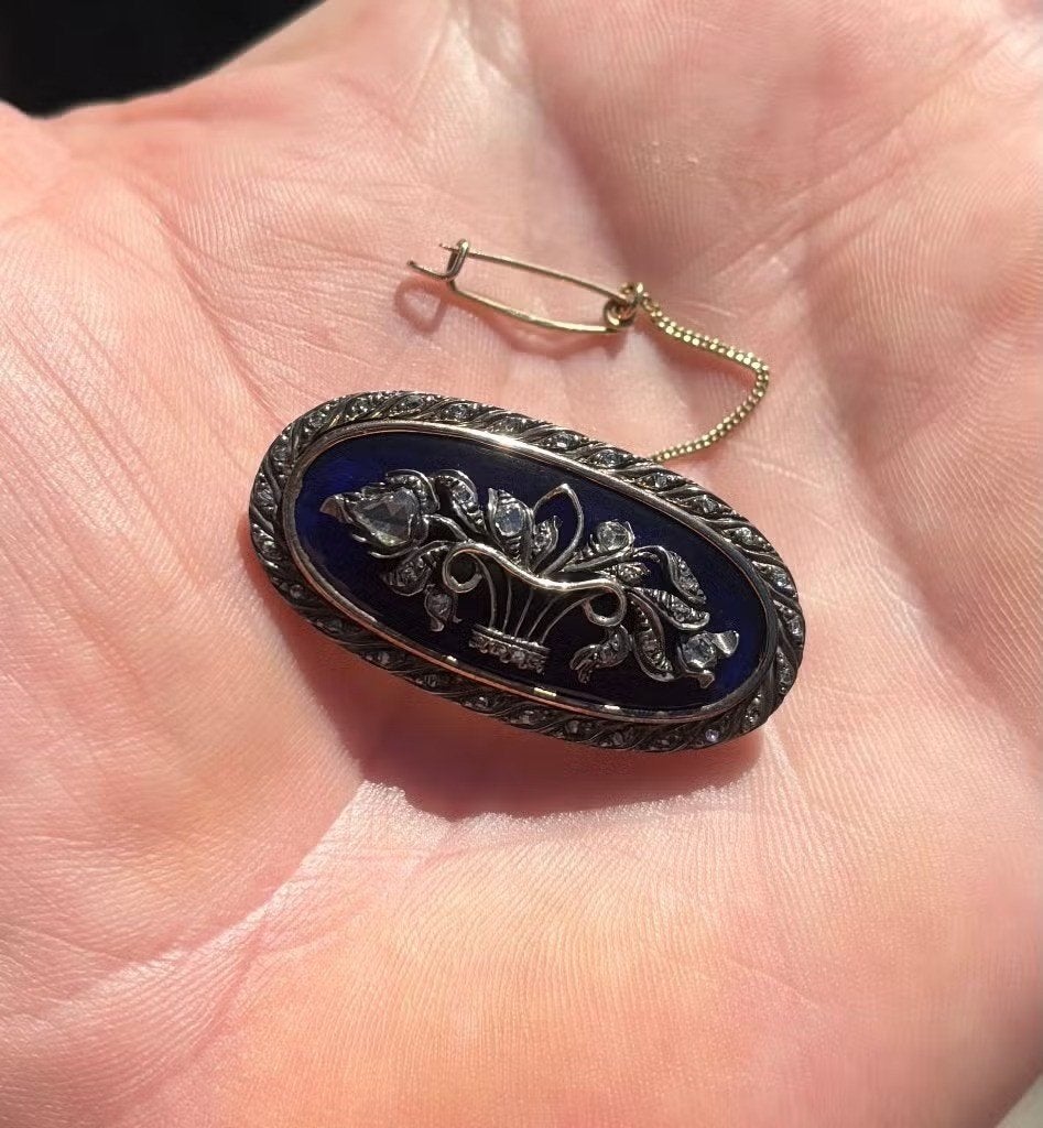Diamanten 14k gouden broche blauw glas victoriaans antiek, Handtassen en Accessoires, Ophalen of Verzenden, Goud, Broche, Met edelsteen