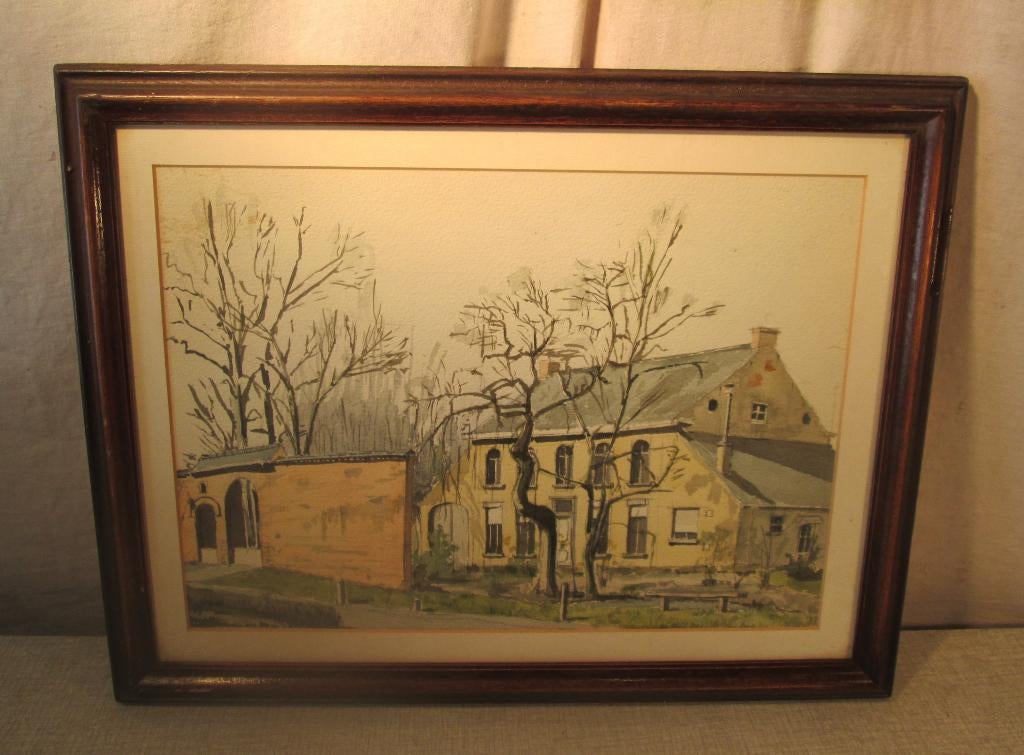 Mooi Geschilderd Aquarel 'Herenhuis met Bomen' - 44x34, Antiek en Kunst, Ophalen of Verzenden