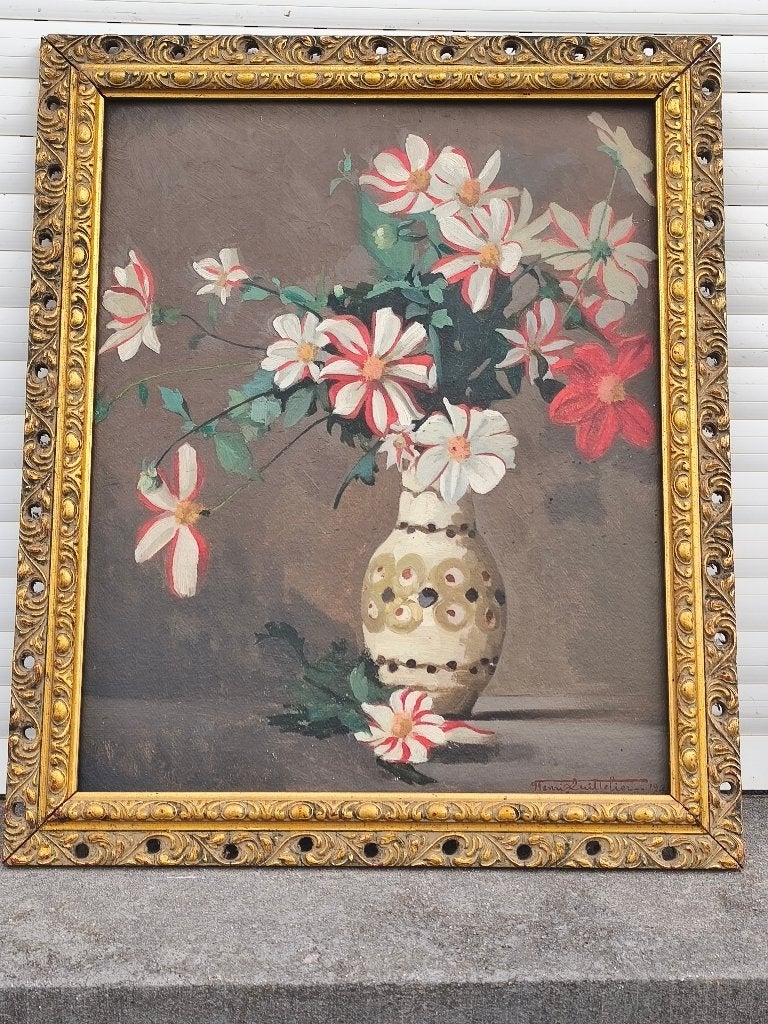 huile sur panneau fleurs signe henri quittellier, Ophalen, Bloemen, Paneel