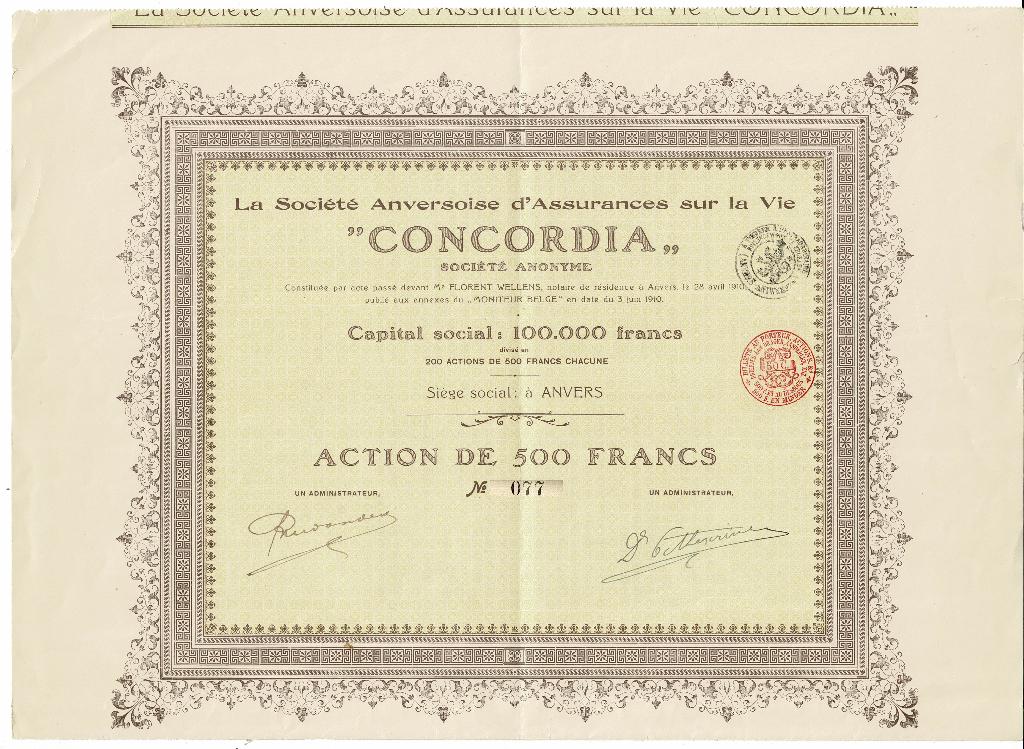 Anversoise d'Assurances Concordia - 1910 - Acto de 500 frs, Timbres & Monnaies, Actions & Titres, Envoi, Avant 1920, Action