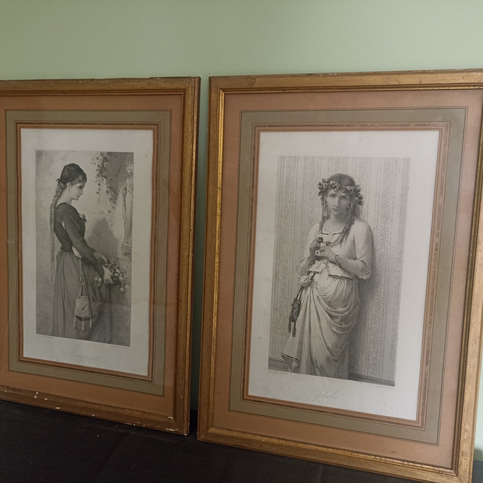 Schitterend Paar Antieke Gravures (19e Eeuw) – Ophelia & Mar, Ophalen of Verzenden