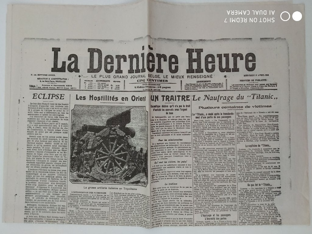 LA DERNIERE HEURE fac-similé 7 "unes" avril 1912., Enlèvement ou Envoi
