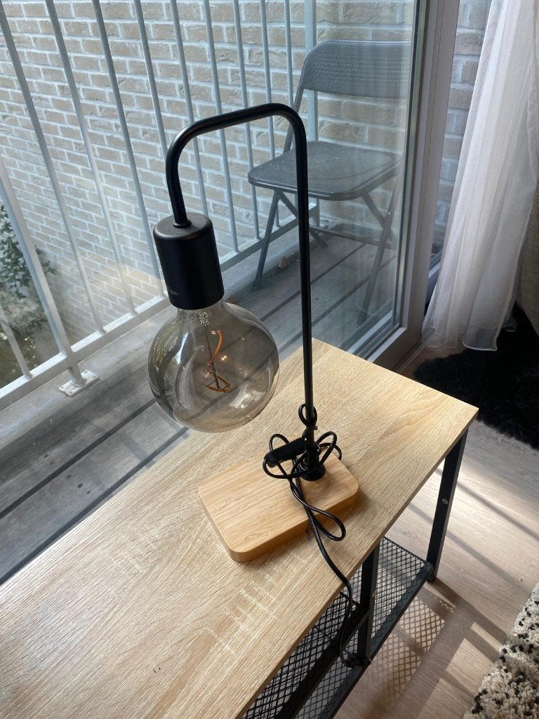 Tafellamp industrieel design - zwart met houten voet, Ophalen, Nachtlamp, Zo goed als nieuw, Zwart