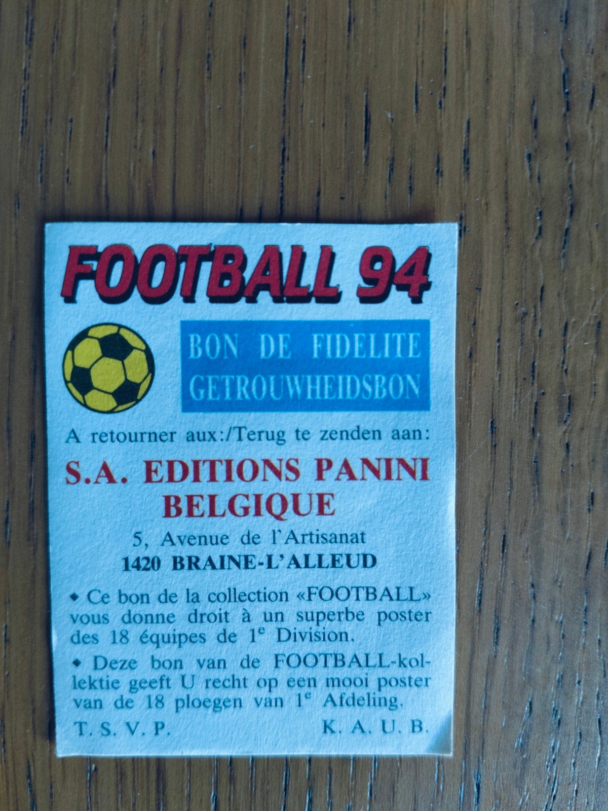 Panini sticker Football 94 getrouwheidsbon, Ophalen of Verzenden, Sticker