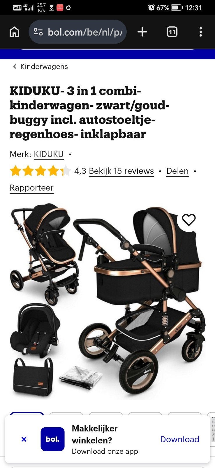 Kiduku kinderwagen 3 in 1, Kinderen en Baby's, Kinderwagens en Combinaties, Ophalen, Kinderwagen