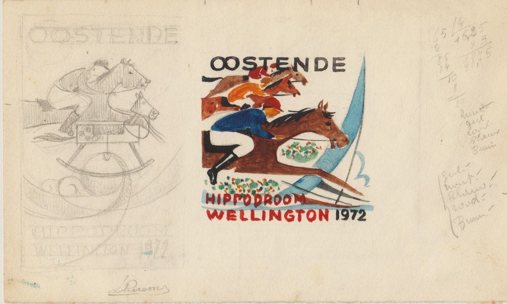 origin. ontw. affiche "Oostende Hippodrome" L.Persoons-Aalst, Verzamelen, Posters, Gebruikt, Verzenden, A4 of kleiner, Rechthoekig Liggend