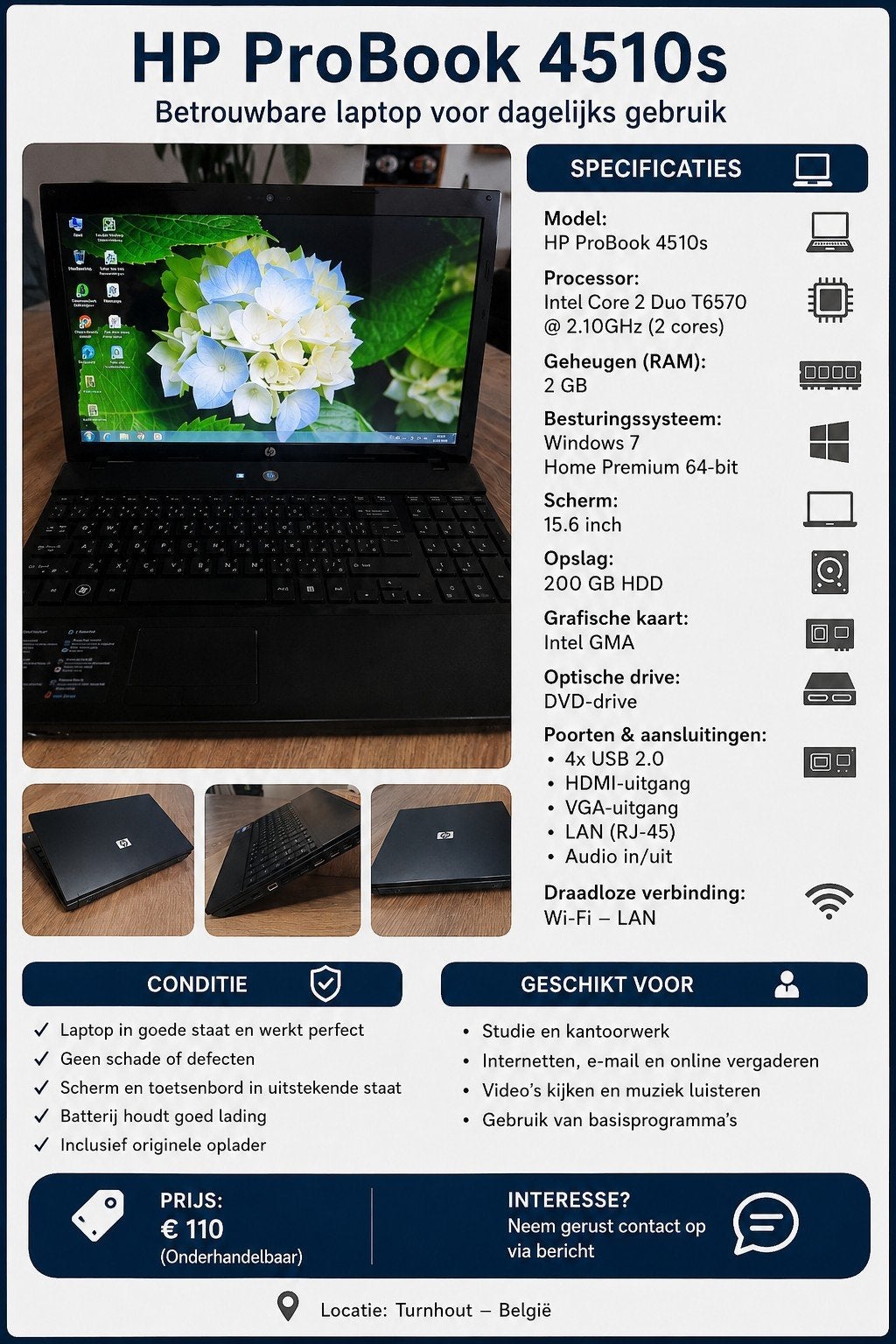 Laptop hp 4510s, Computers en Software, Ophalen