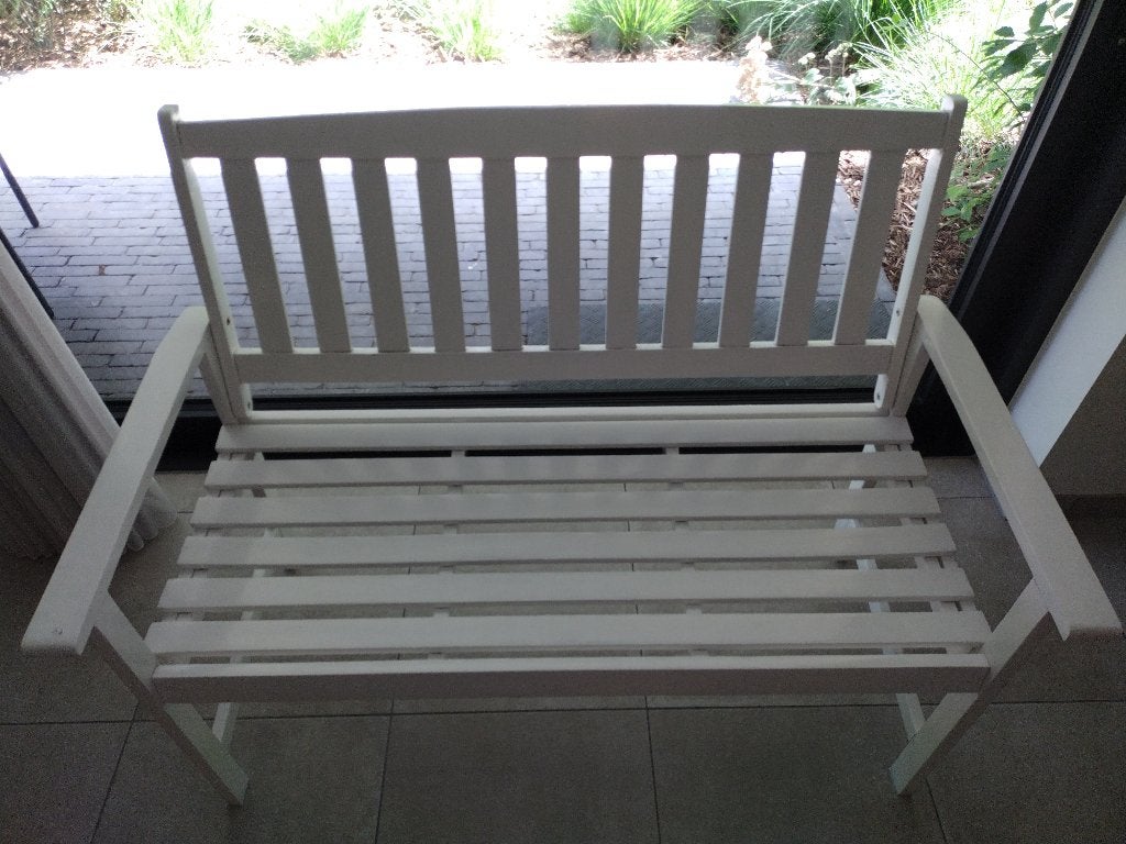 Banc de jardin en bois laqué blanc 120x80x54, Jardin & Terrasse, Bancs de jardin, Utilisé, Bois, Enlèvement