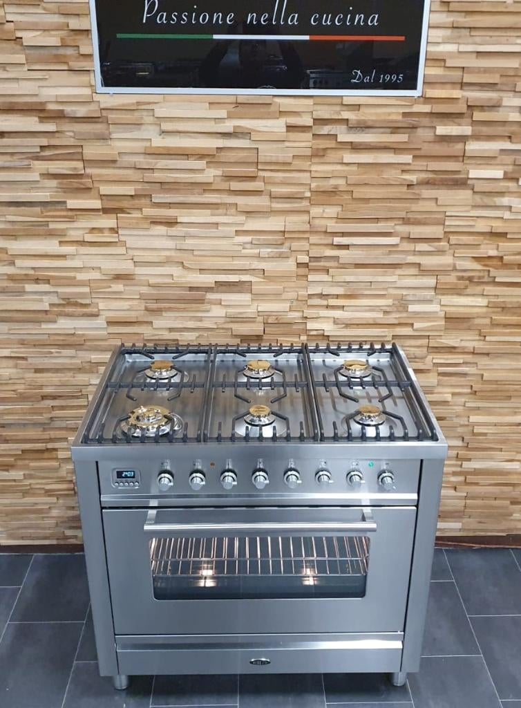 Luxe Boretti Fornuis 90cm rvs + rvs  1 grote oven 6 pits, Gaz, Classe énergétique A ou plus économe, Comme neuf, Enlèvement