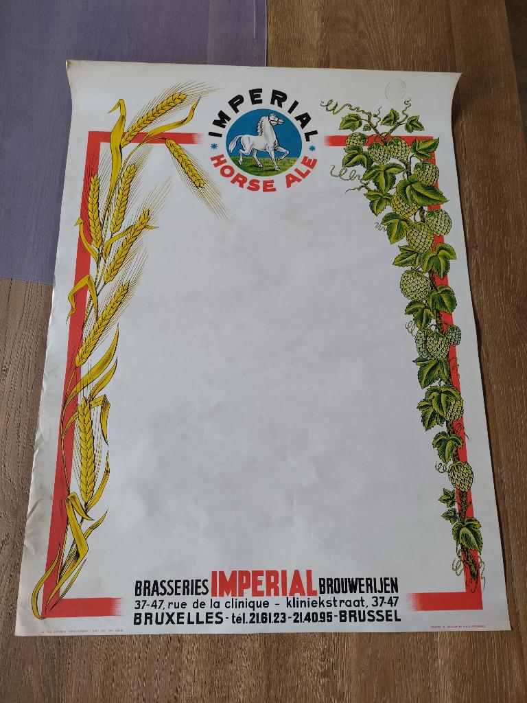 Affiche imperial horse ale brouwerijen brussel, Verzamelen, Ophalen of Verzenden, Zo goed als nieuw, Reclamebord, Plaat of Schild