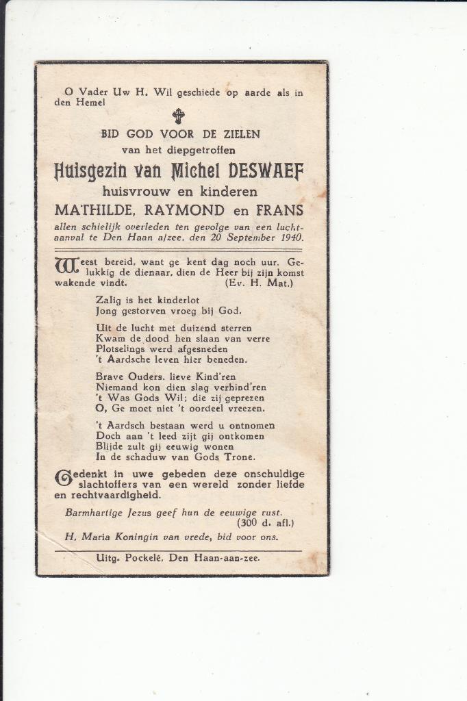 Slachtoffer WO II - Den Haan - luchtaanval 1940 - Deswaef, Verzamelen, Bidprentjes en Rouwkaarten, Verzenden, Bidprentje