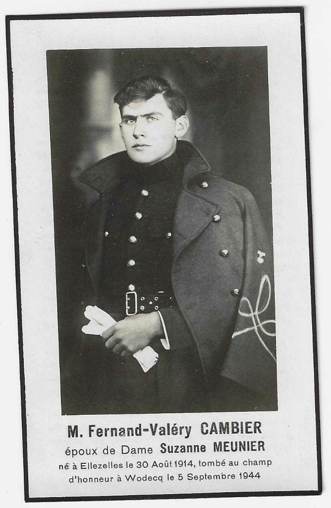 un soldat de la 2GM, Fernand-Valéry Cambier, 1944, Enlèvement ou Envoi, Image pieuse