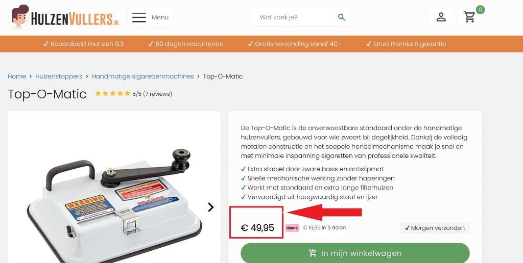 Top-O-Matic Sigarettenmachine, Enlèvement, Comme neuf, Autres types
