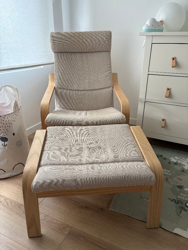 IKEA POÄNG fauteuil + voetenbank, Ophalen, Zo goed als nieuw, Hout, Scandinavisch