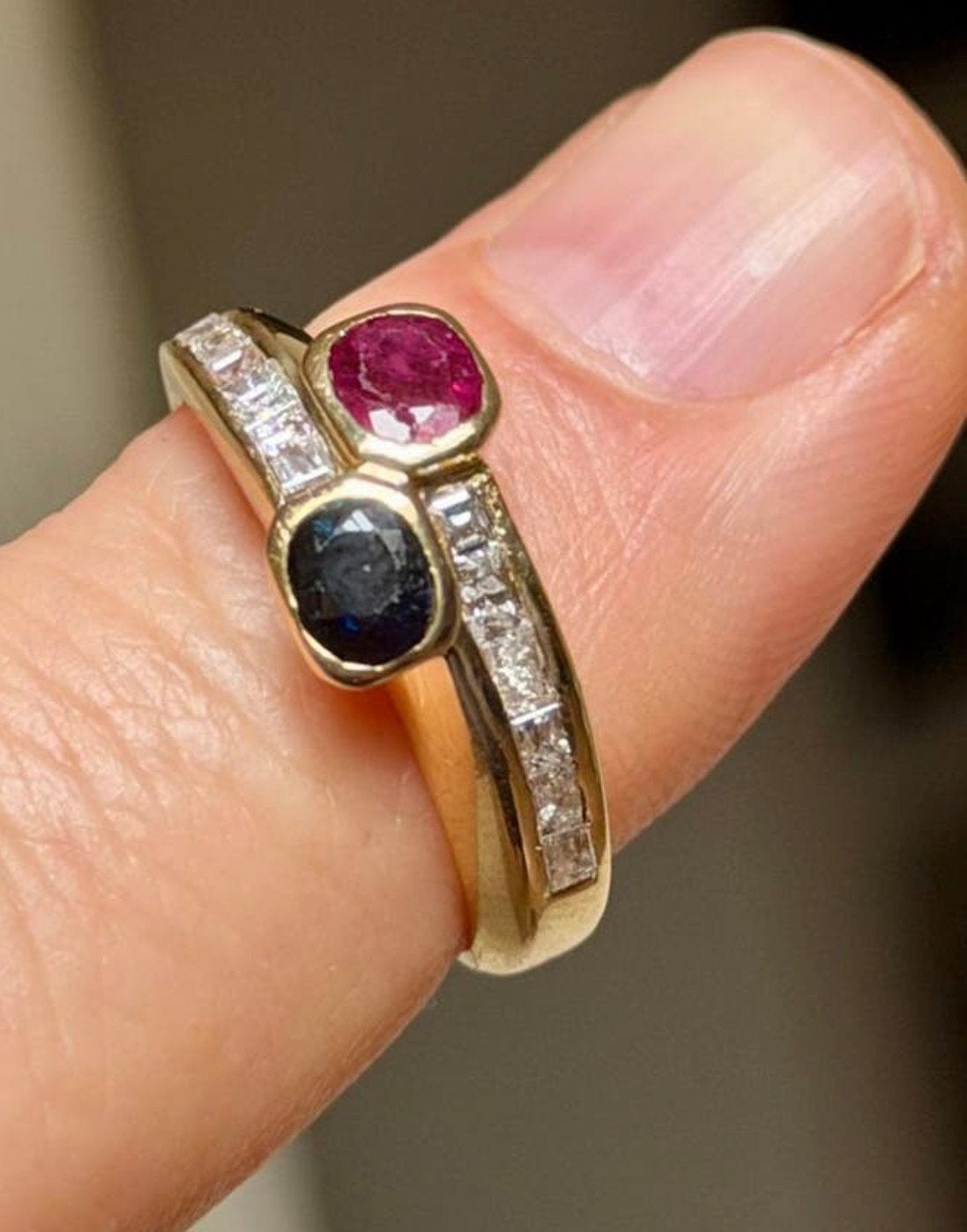 18K gouden ring met natuurlijke diamanten, saffier, robijn!, 19 tot 20, Geel, Ophalen of Verzenden, Met edelsteen
