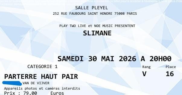 slimane @ salle pleyel Parijs, Tickets en Kaartjes, Twee personen, Mei