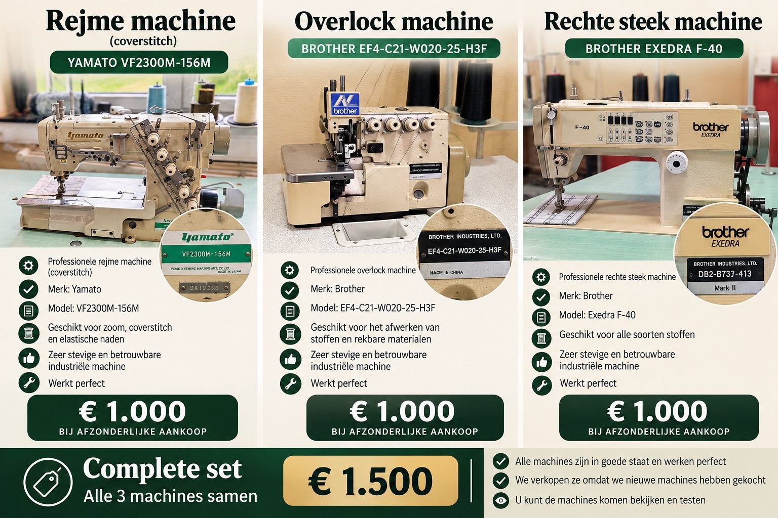 3 industriële naaimachines – Yamato & Brother – samen €1.500, Hobby en Vrije tijd, Ophalen