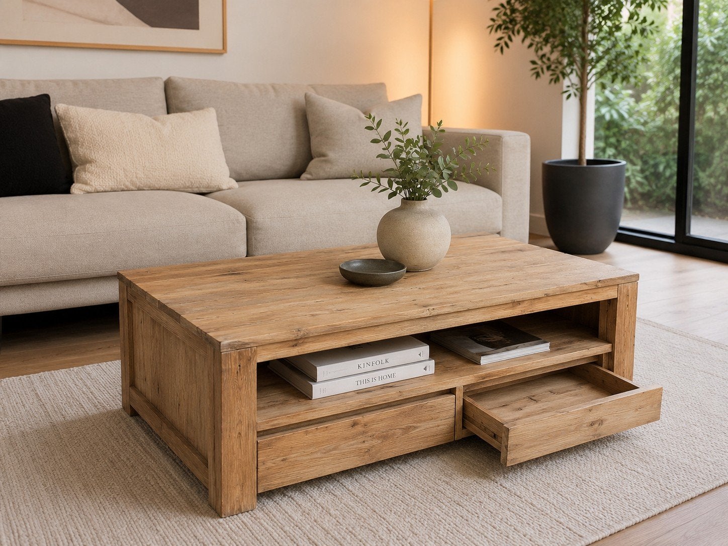 Massieve teak salontafel 120x70 cm – 4 schuiven, Huis en Inrichting, Tafels | Salontafels, Ophalen, Teakhout