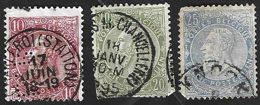 3 Postzegels België 1898 Koning Leopold II, Oblitéré, Enlèvement ou Envoi, Affranchi, Timbre-poste