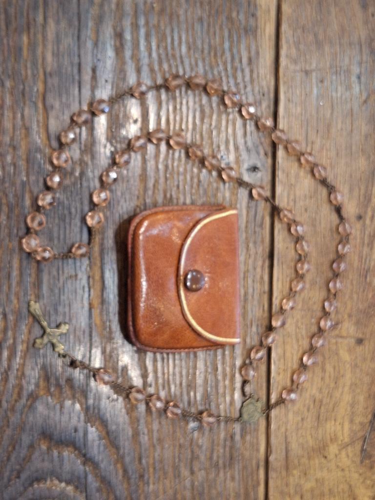 oude roze halfedelstenen paternoster met zakje, begin 1900, Antiek en Kunst, Antiek | Religieuze voorwerpen, Ophalen of Verzenden