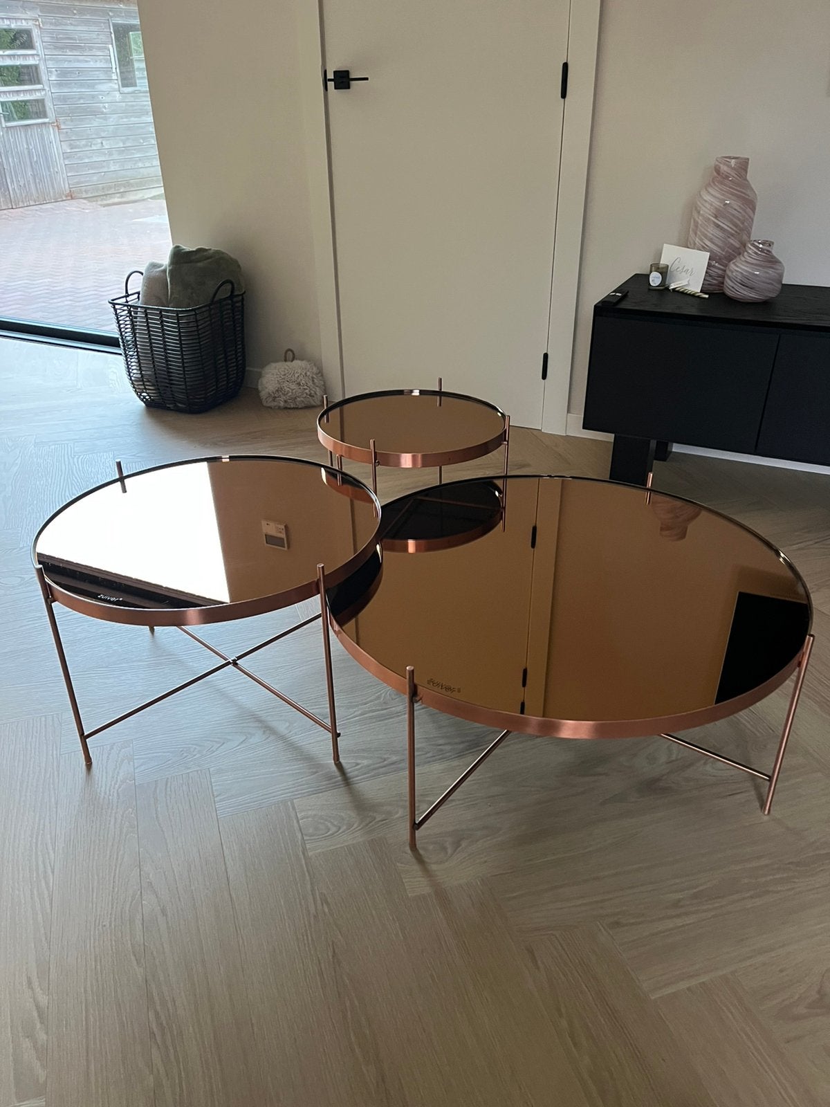 Zuiver Cupid salon/bijzettafel set van 3 Koper (S, L, XXL), Huis en Inrichting, Ophalen, Gebruikt, Rond, Metaal