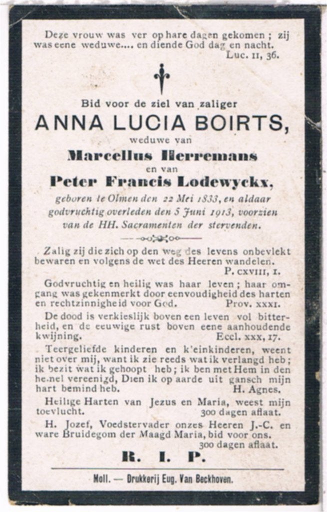 Bp. Boirts Anna. ° Olmen 1833 † Olmen 1913, Ophalen of Verzenden, Bidprentje