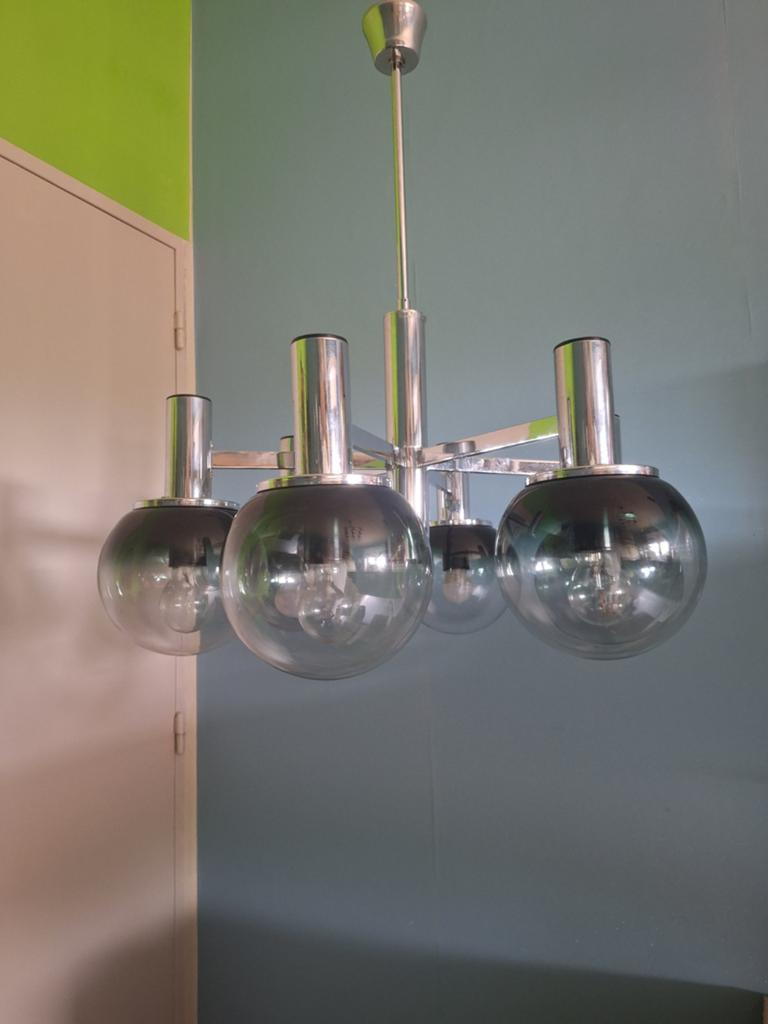 Chandelier chroom et verre fumé style moderne, Mid-Century, Enlèvement, Verre