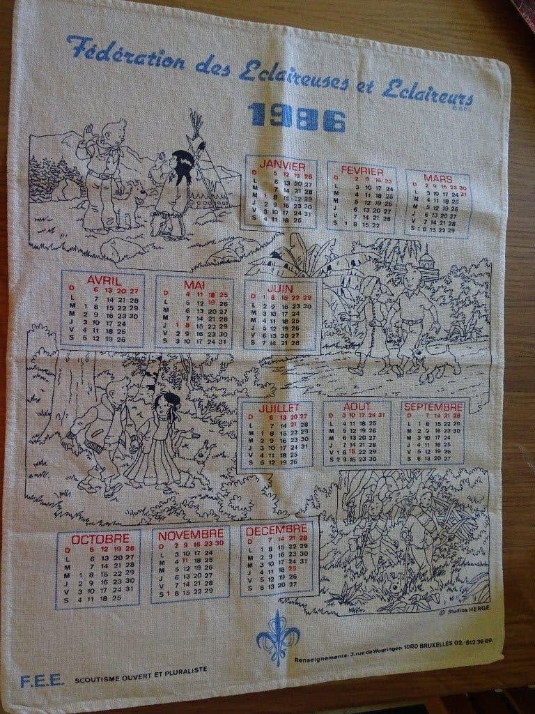 Calendrier F.E.E. Scoutisme en tissu 1986 - Tintin, Enlèvement ou Envoi, Tintin, Utilisé, Image, Affiche ou Autocollant