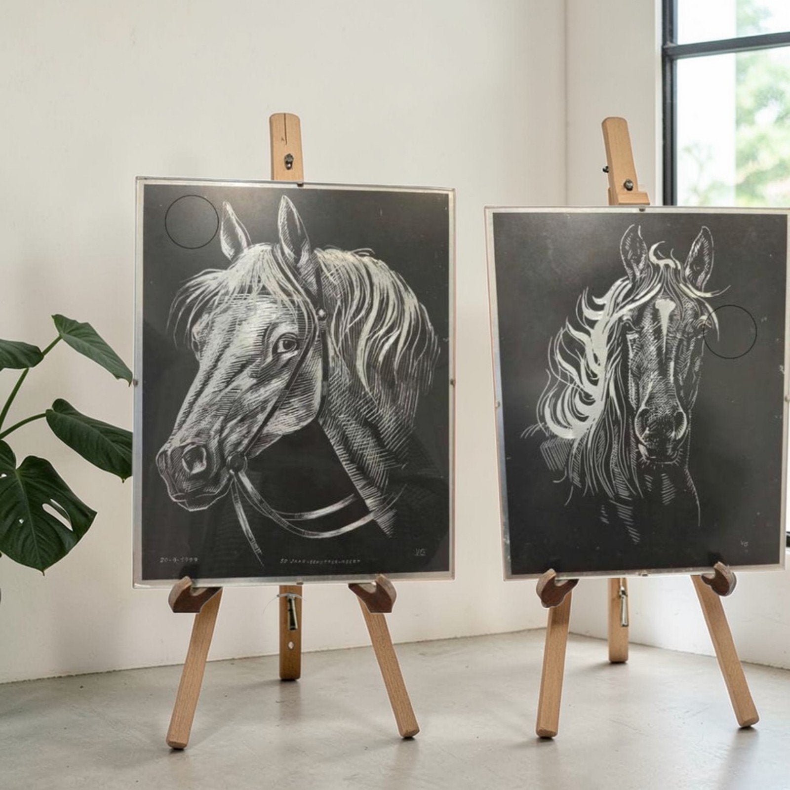 Twee prachtige scratchboard-etsen van paarden, Ophalen of Verzenden