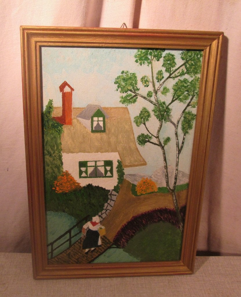Œuvre magnifiquement peinte « Chalet et montagnes » - 34x23, Enlèvement ou Envoi, Peinture à l'huile, Panneau, Paysage
