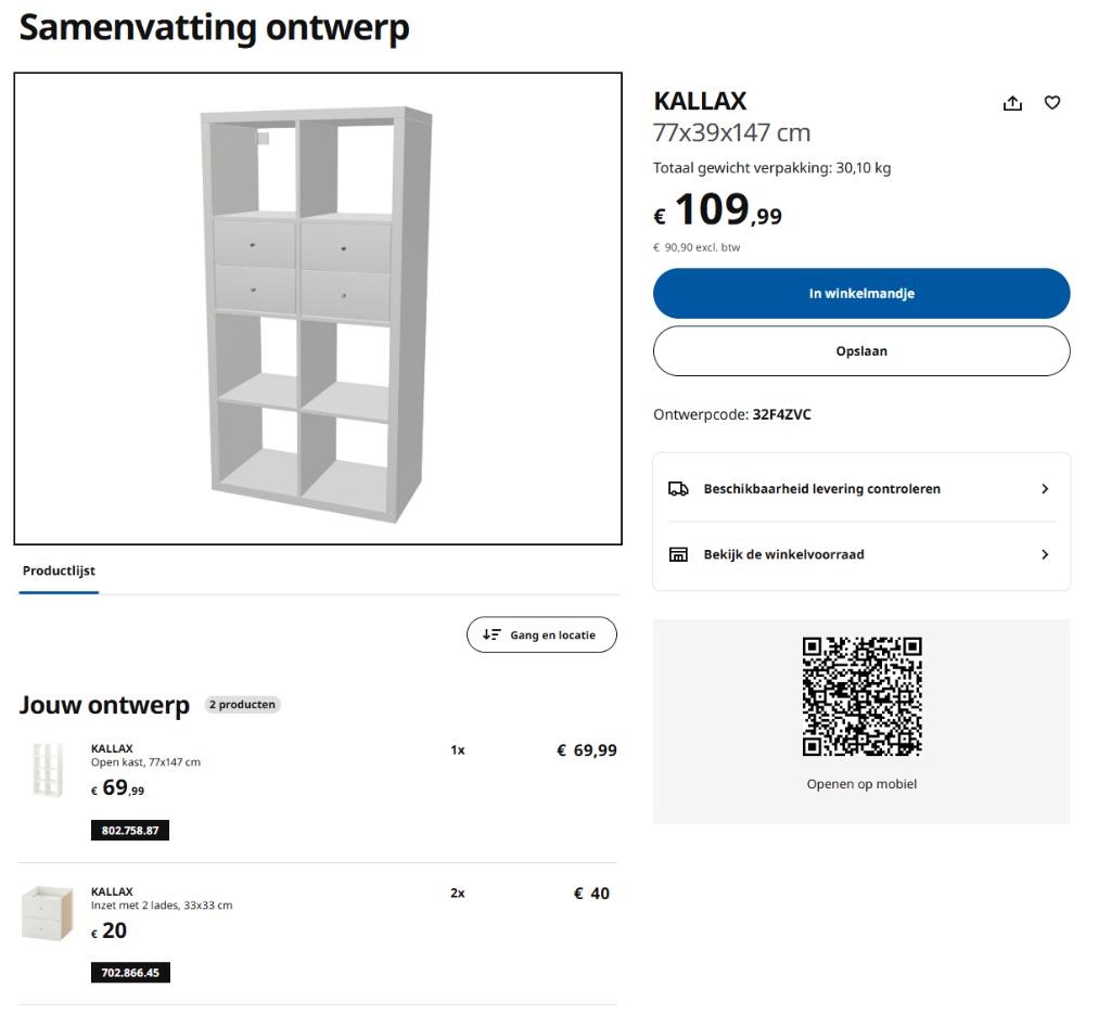 IKEA Kallax open kast — Wit | 8 vakken + ladeninzetten, 25 à 50 cm, Moins de 150 cm, Comme neuf, Enlèvement