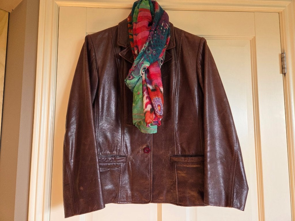 vintage leren jas - s. Oliver - maat 42, Kleding | Dames, Jasjes, Kostuums en Pakken, Paars, Maat 42/44 (L), S. Oliver, Ophalen of Verzenden