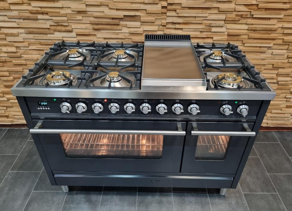 🔥Luxe Fornuis Boretti 120 cm antraciet + rvs 7 pits Frytop, 60 cm of meer, Ophalen of Verzenden, Zo goed als nieuw, Energieklasse A of zuiniger