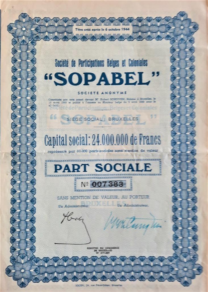 S.A. Société de participations Belges et Coloniales -Sopabel, Timbres & Monnaies, Actions & Titres, Enlèvement ou Envoi, 1920 à 1950