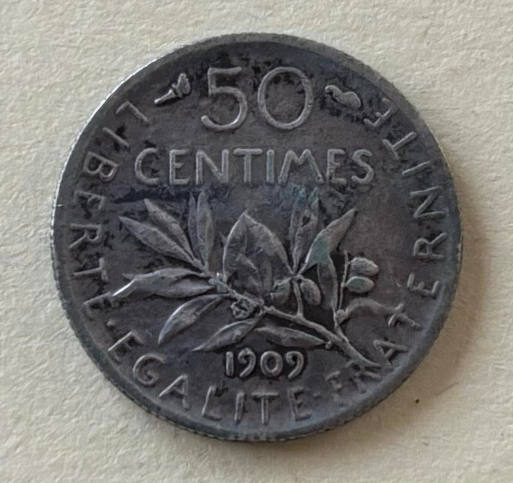 50 centimes argent France 1909, Enlèvement ou Envoi, France, Monnaie en vrac, Argent