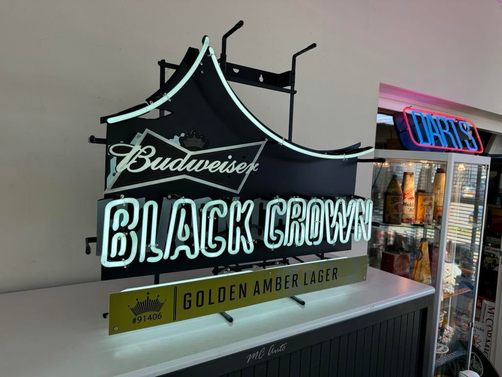 Publicité au néon ancienne de Budweiser Black Crown, Enlèvement ou Envoi, Utilisé, Table lumineuse ou lampe (néon)