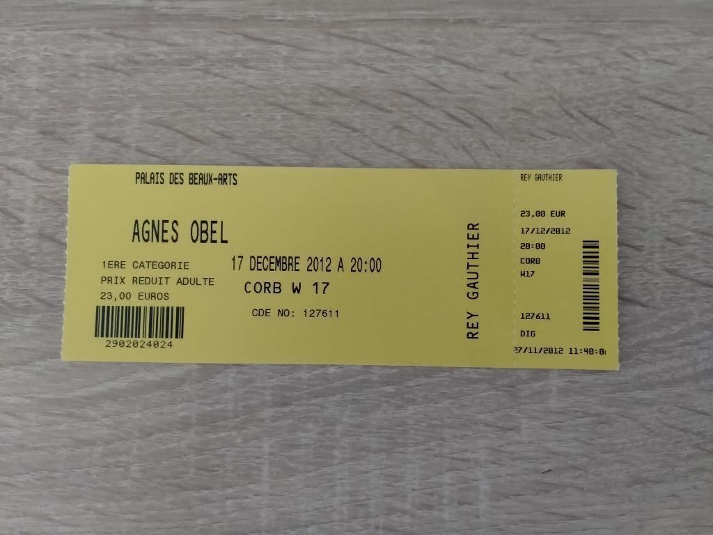 Agnes Obel Palais Beaux-Arts Charleroi 2012 concertticket, Ophalen, Gebruikt, Overige typen