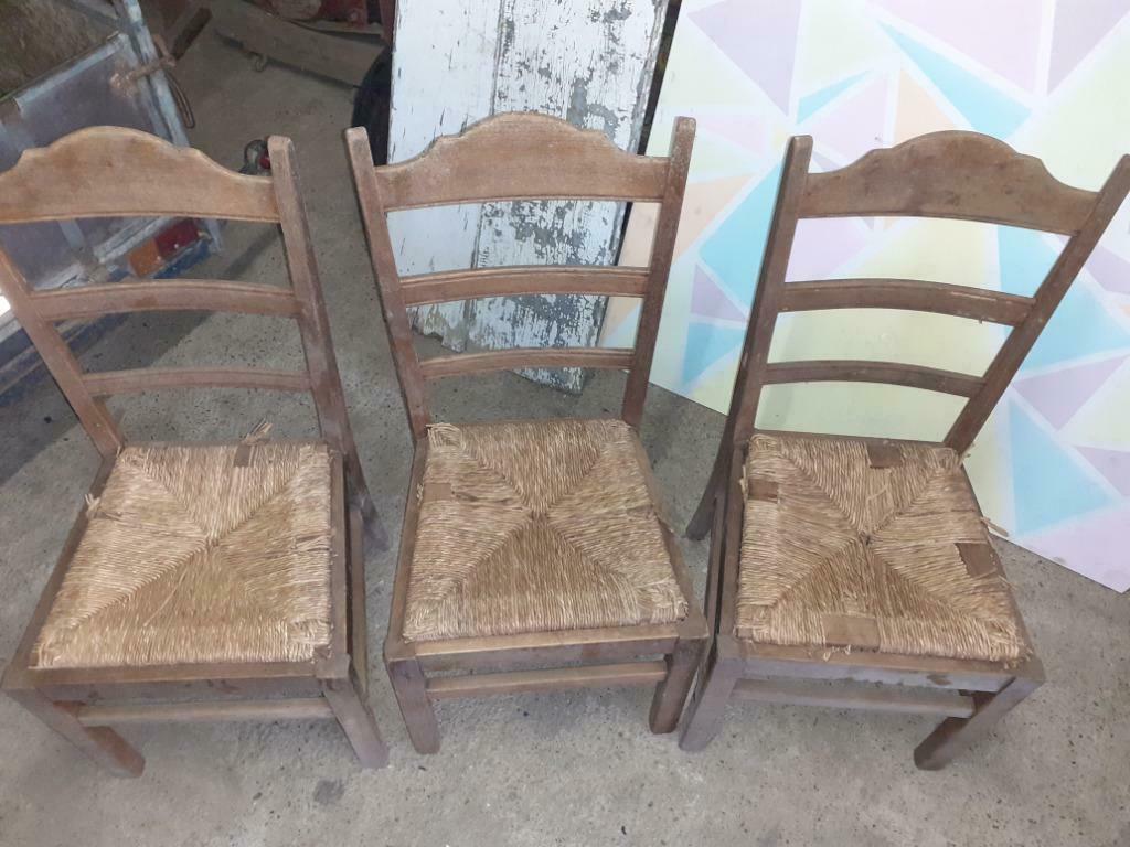lot 3 chaises bois assises paille, Enlèvement, Utilisé, Bois, Trois