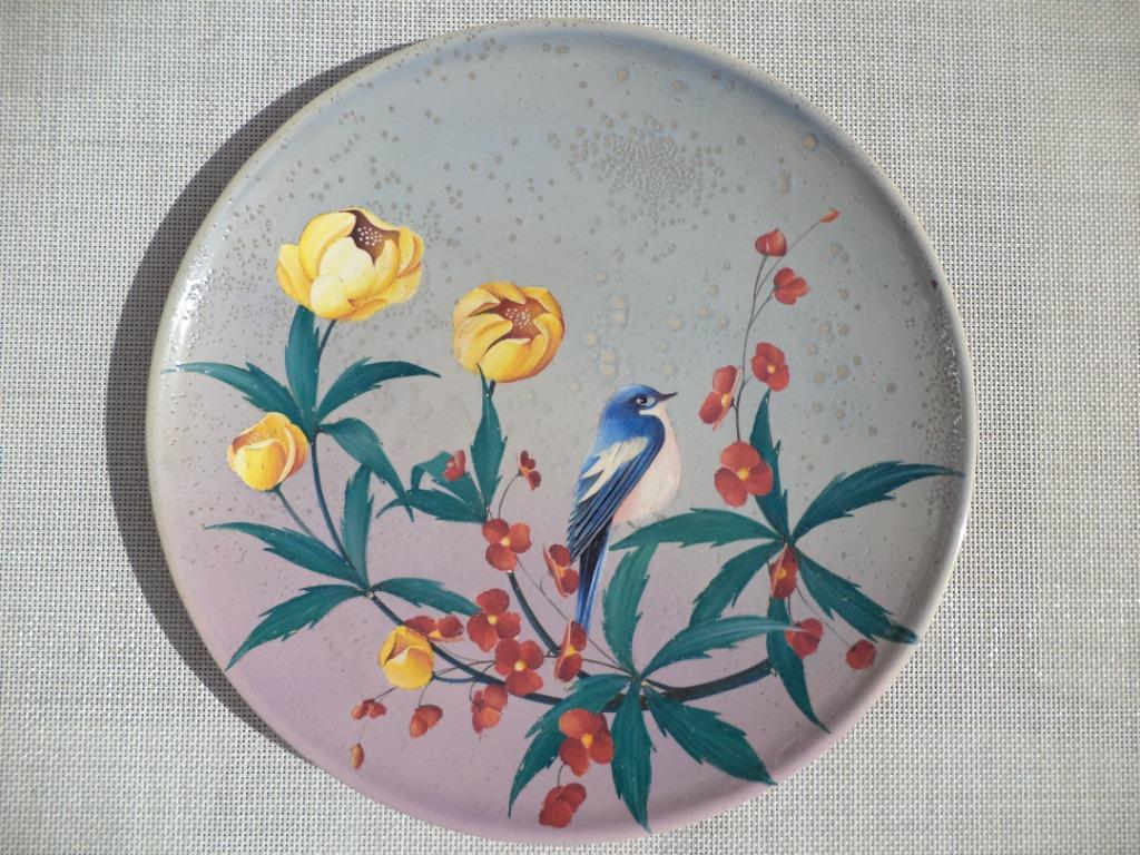 Assiette signée QUAREGNON exceptionnelle 40 cm oiseau fleurs, Enlèvement